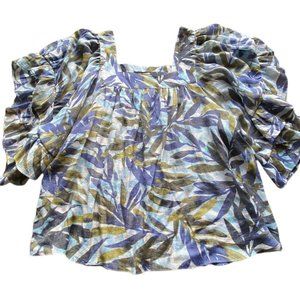 Zac & Rachel Blue Square Neck Tropical Plant Print Ruffle Sleeve Top Size XL